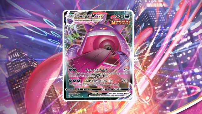 A VMAX Gengar card from Fusion Strike appears over top of Mew art. 
