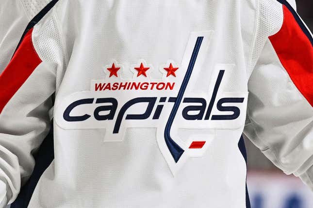 Feb 10, 2022; Montreal, Quebec, CAN; A view of the Washington Capitals logo worn by a member of the team during the second period at Bell Centre.