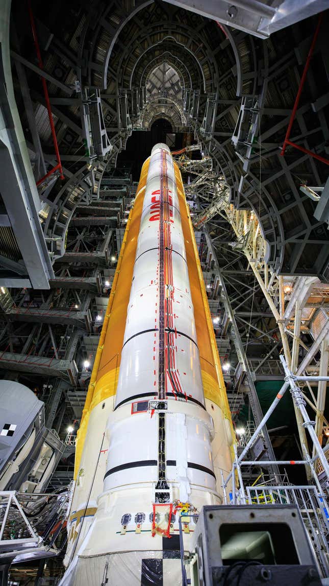 The SLS rocket inside the Vehicle Assembly Building at NASA’s Kennedy Space Center in Florida.