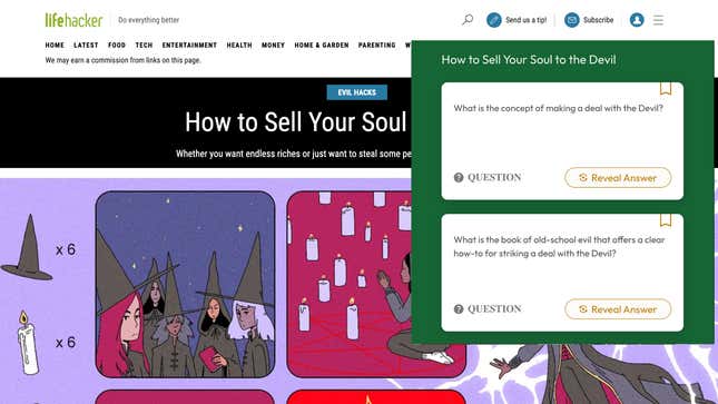 A screenshot of the Lifehacker article "How to Sell Your Soul to the Devil" with the Wisdolia browser extension enabled, displaying flash cards based on the article as an overlay, asking "What is the concept of making a deal with the devil?" and "What is the book of old-school evil that offers a clear how-to for striking a deal with the Devil?"  (both with a "reveal answer" button)