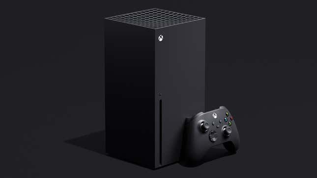 An Xbox Series X and its controller, on a black background.
