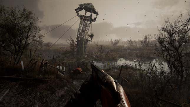 A first-person view of the player holding a shotgun in a swamp