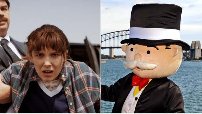 Left: Stranger Things (Image: Netflix) Right: Mr. Monopoly (WILLIAM WEST/AFP via Getty Images)
