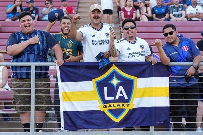 Jul 1, 2023; Stanford, California, USA; Los Angeles Galaxy fans cheer before the game against the San Jose Earthquakes at Stanford Stadium.