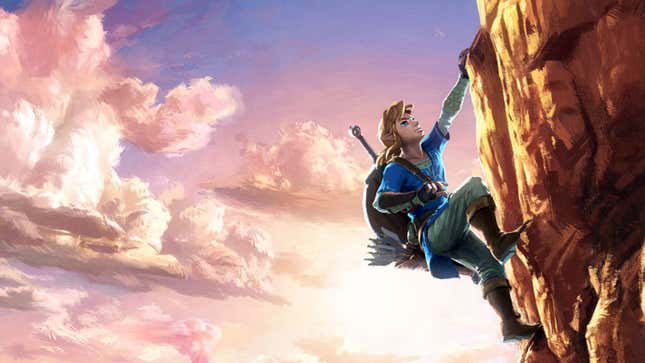 An official artwork from The Legend of Zelda: Breath of the Wild, depicting Link climbing up some cliff.