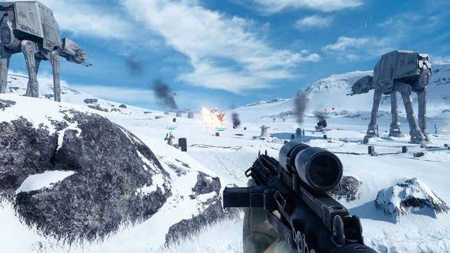 A screenshot of Star Wars Battlefront II showing a player on the snowy planet of Hoth. 