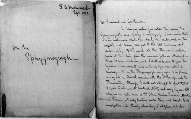 Akbar Mahomed’s presentation to the Pupil’s Physical Society at Guy’s Hospital in September 1871, in his own hand.