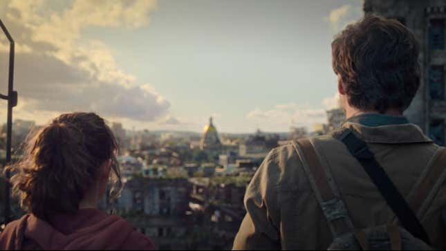Joel and Ellie look toward the capitol in Boston in a shot from HBO's The Last of Us.