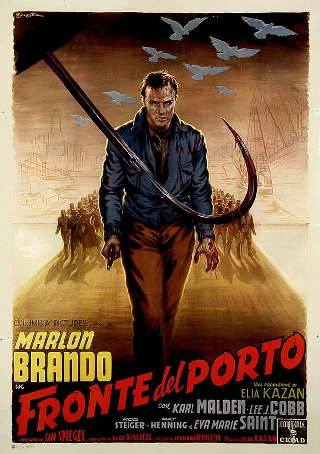 Italian four-panel poster for On the Waterfront, directed by Elia Kazan, 1954. Poster design by Anselmo Ballester, 1954.