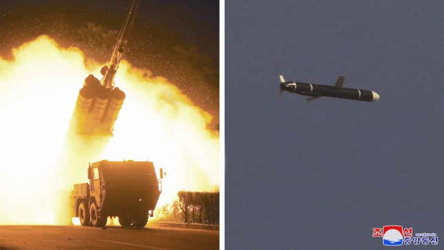 Photos provided by the North Korean government on  Sept. 13, 2021, show long-range cruise missiles tests held on  Sept. 11 -12, 2021 in an undisclosed location of North Korea.