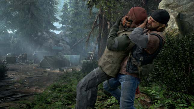 An image from Days Gone depicting protagonist Deacon St. John choking out an unsuspecting marauder.