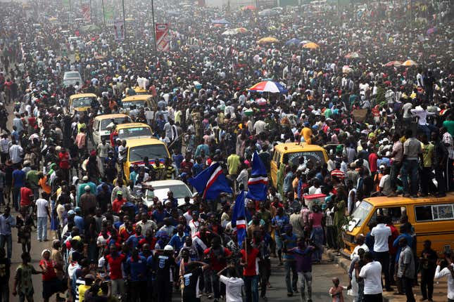 People crowd Gani Fawehinmi freedom square on the fifth day of a protest against a fuel subsidies removal in Lagos Jan. 13, 2012