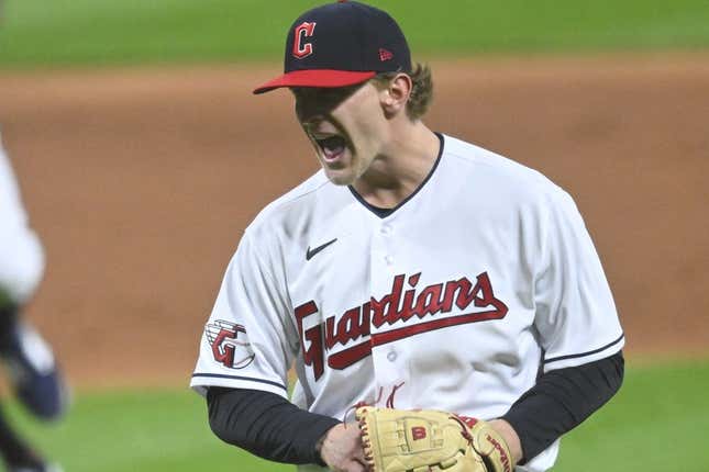 Apr 22, 2023; Cleveland, Ohio, USA; Cleveland Guardians starting pitcher Zach Plesac (34) reacts in the second inning against the Miami Marlins at Progressive Field.