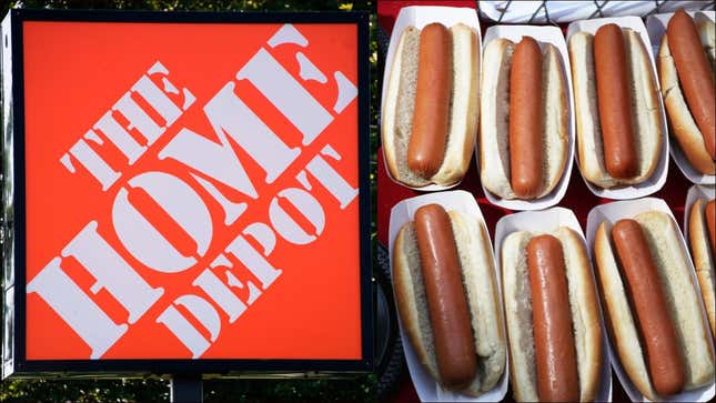 On left, a sign for The Home Depot; on right, a bunch of plain hot dogs in paper serving boats