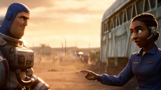 (from left) Chris Evans as Buzz Lightyear and Uzo Aduba as Alisha Hawthorne in Pixar’s Lightyear.