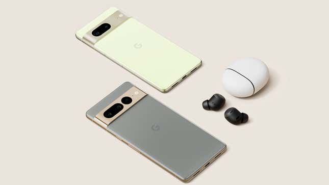 A photo of the Pixel 7, 7 Pro, and Pixel Buds Pro 