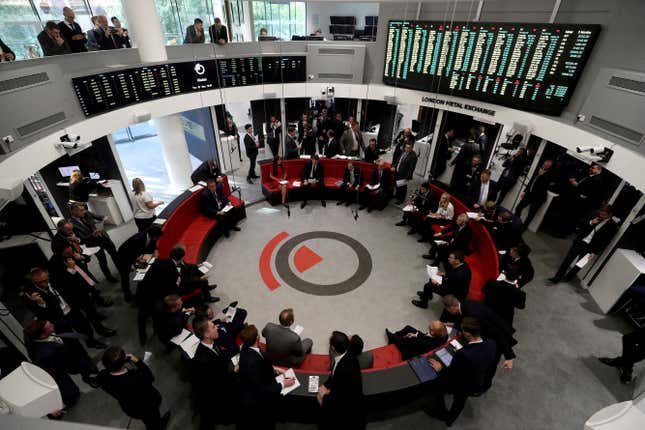 Traders on the floor of the London Metal Exchange.