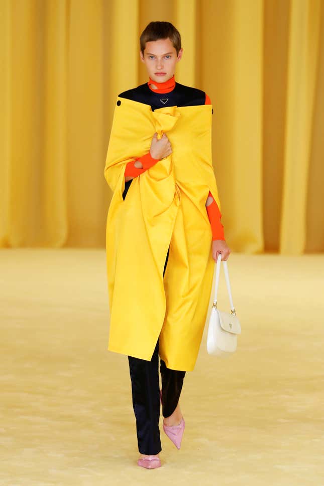 A model presents a creation from the Prada Spring/Summer 2021 women's collection during fashion week in Milan, Italy, in this handout photo released on September 24, 2020.