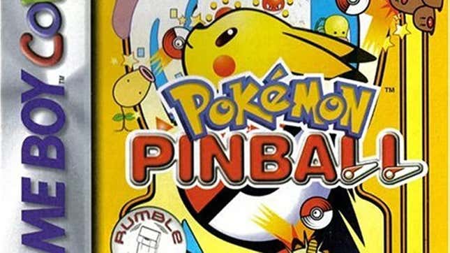 The cover of Pokemon Pinball is seen with Pikachu looking upward behind the logo.