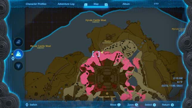 The Tears of the Kingdom map shows the location of the Hyrule Castle docks.