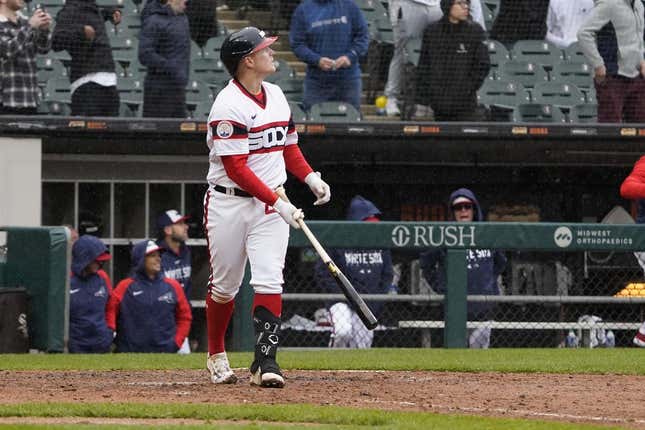 Apr 30, 2023; Chicago, Illinois, USA; Chicago White Sox first baseman Andrew Vaughn (25) watches his game-winning three-run home run against the Tampa Bay Rays during the ninth inning at Guaranteed Rate Field.