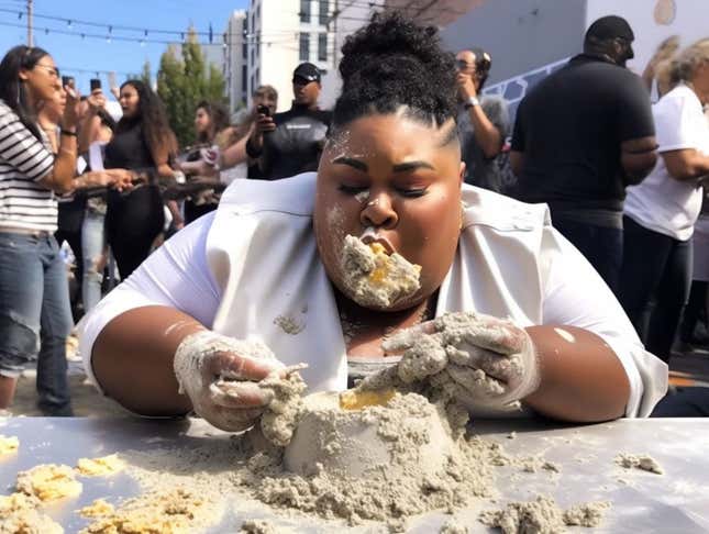 Imagen para el artículo titulado Una IA genera fotos de un concurso de comer cemento entre celebridades. Gana el Papa Francisco