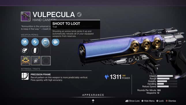 A screenshot of the Vulpecula hand cannon's stat page.