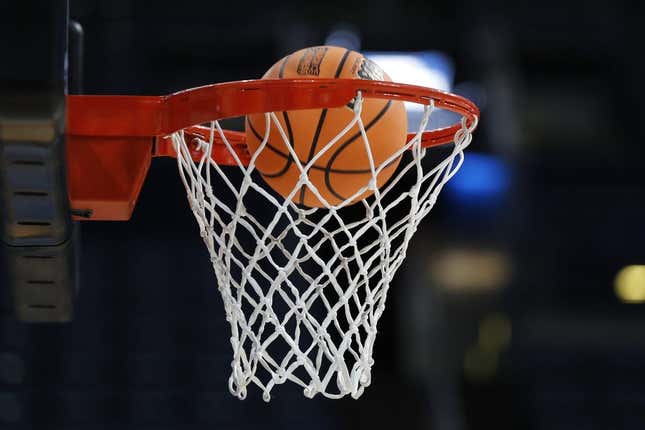 Mar 16, 2023; Columbus, OH, USA; A ball enters the hoop during NCAA Tournament First Round Columbus Practice at Nationwide Arena.