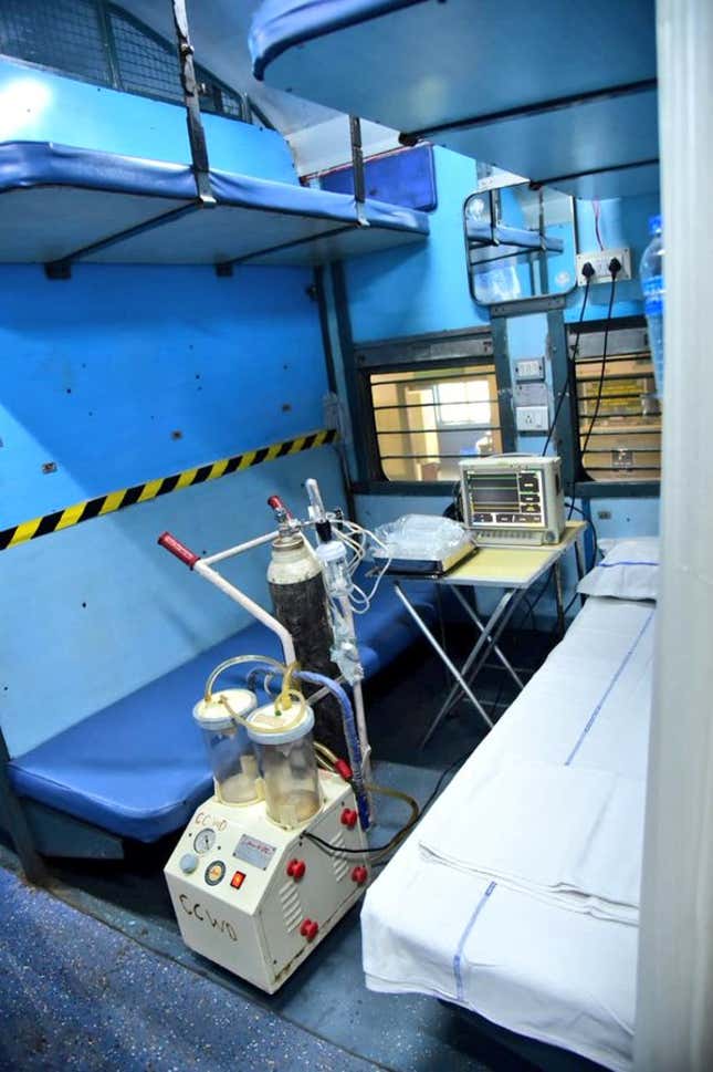 Medical equipment in a train coach that has been turned into an isolation ward.