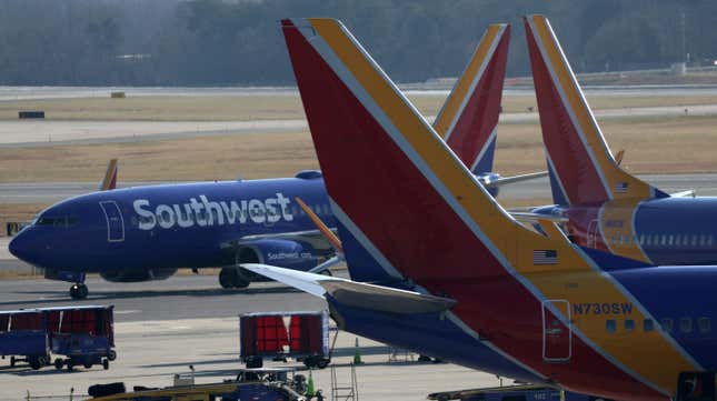 Southwest Airlines aircrafts are seen at Baltimore/Washington International Thurgood Marshall Airport (BWI) on December 22, 2021 in Baltimore, Maryland. 