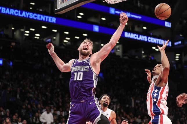 Mar 16, 2023; Brooklyn, New York, USA;  Sacramento Kings forward Domantas Sabonis (10) reacts after loosing the ball in the second quarter against the Brooklyn Nets at Barclays Center.