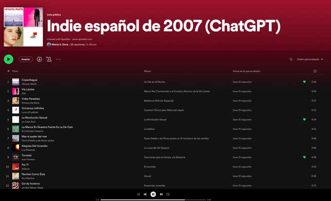 La lista de canciones de ChatGPT exportadas a Spotify