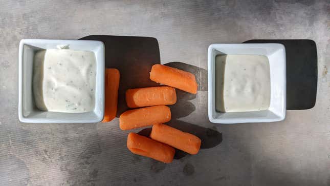 Prepared packet-made ranch on the left, bottled ranch on the right