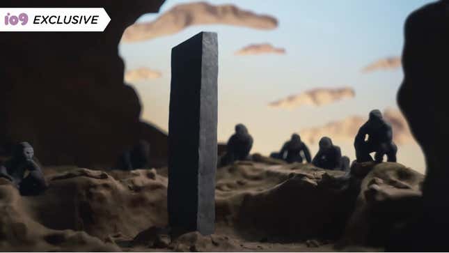 Apes crouch around a monolith in a claymation recreation of a scene from 2001: A Space Odyssey.