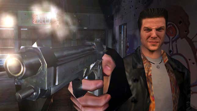Max Payne casually fires his gun one-handed in an image from one of the original games.