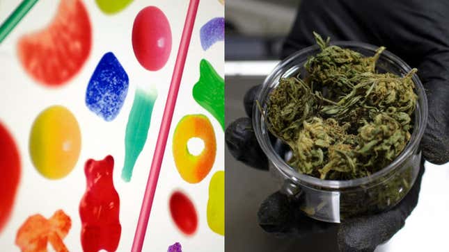 On left: classic candies On right: a jar of cannabis buds