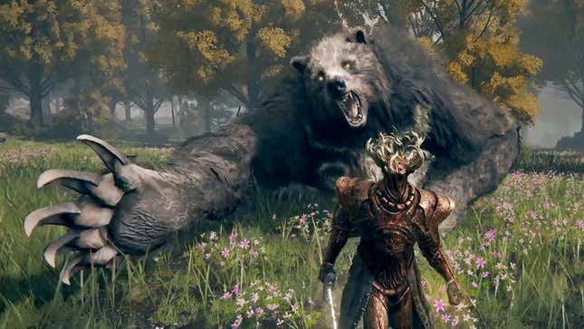 A massive bear in a misty wood attacks a fantasy warrior.