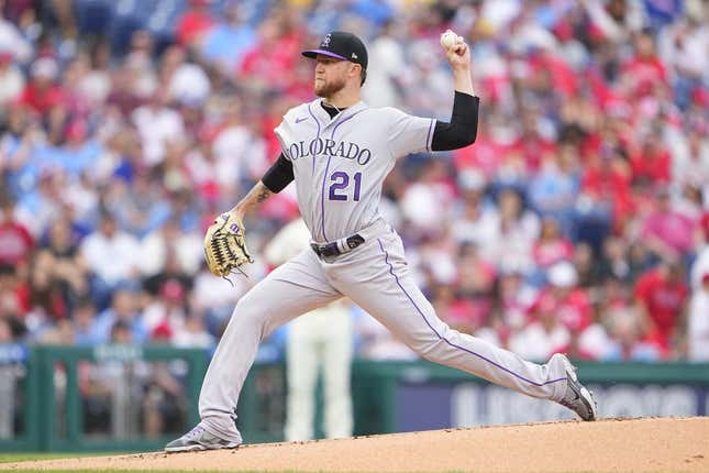 Apr 22, 2023; Philadelphia, Pennsylvania, USA; Colorado Rockies pitcher Kyle Freeland (21) delivers a pitch against the Philadelphia Phillies during the first inning at Citizens Bank Park.