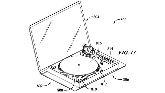 An Apple patent image showing a turntable sitting on top of a base in front of a large screen.
