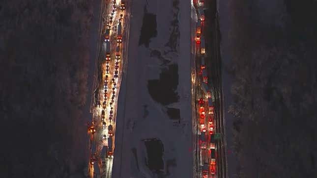 An aerial photo of the trucks and cars stranaded on the highway 
