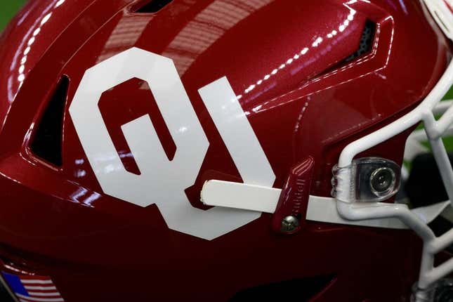 Jul 14, 2022; Arlington, TX, USA; A view of the Oklahoma Sooners helmet logo during the Big 12 Media Day at AT&amp;amp;T Stadium.