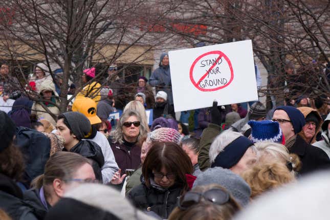 Anti Stand Your Ground sign at March for Our Lives rally in downtown Dayton, Ohio on March 24, 2018.