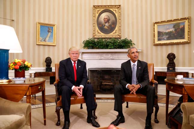 US president Barack Obama meets with president-elect Donald Trump in the Oval Office.