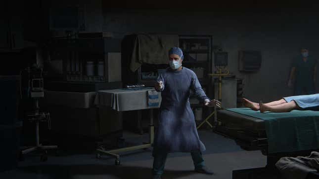 Jerry is seen in full scrubs and mask holding a scalpel toward Joel.