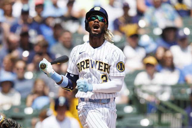 Jun 18, 2023; Milwaukee, Wisconsin, USA;  Milwaukee Brewers right fielder Raimel Tapia (3) reacts after striking out during the second inning against the Pittsburgh Pirates at American Family Field.