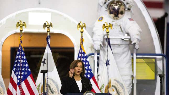 U.S. Vice President Kamala Harris addresses members of the space industry and the National Space Council during a visit to the NASA Johnson Space Center in Houston, Friday, Sept. 9, 2022. 