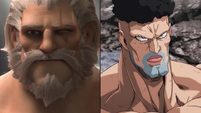 A side-by-side comparison image of Overwatch's Reinhardt and One Punch Man's Puri Puri Princess.