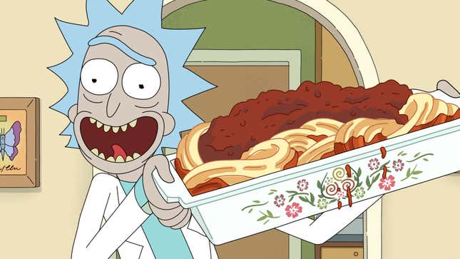 Rick in Rick and Morty, holding a pan of lasagne