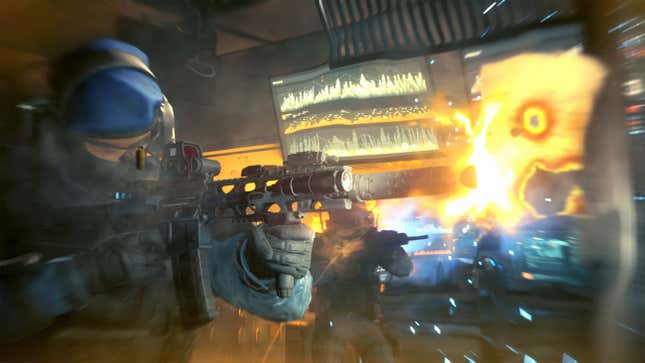 An armored soldier shoots a rife at a target off screen.