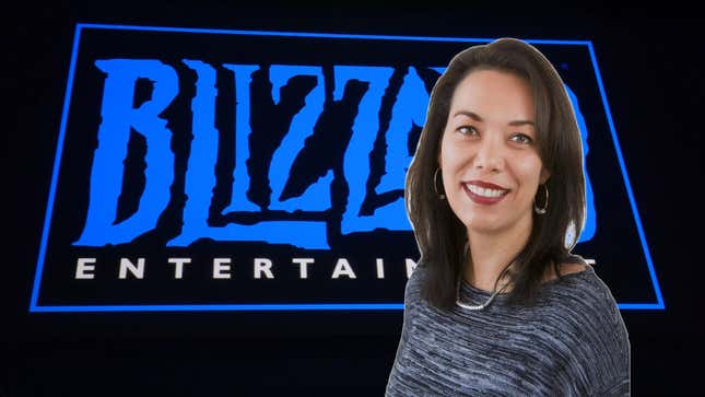 Jennifer Oneal in front of a Blizzard logo.
